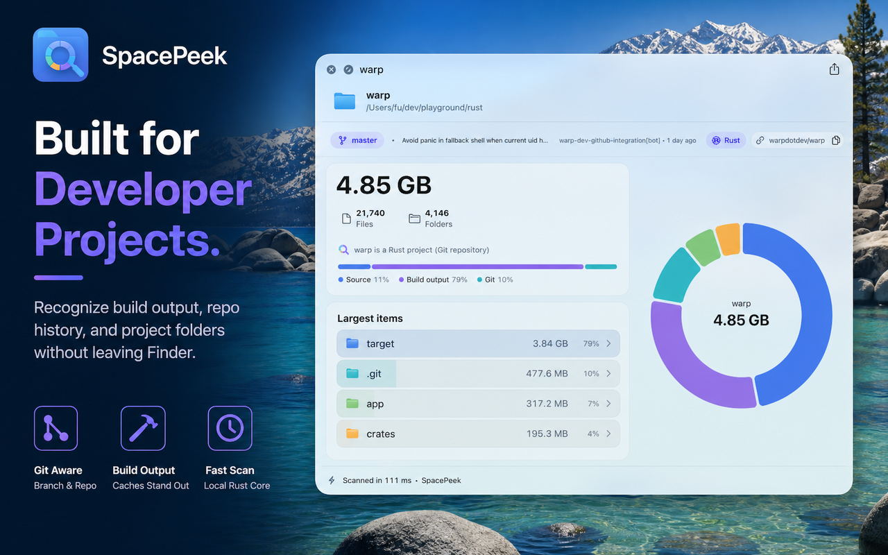 SpacePeek poster showing developer project and Git repository insights