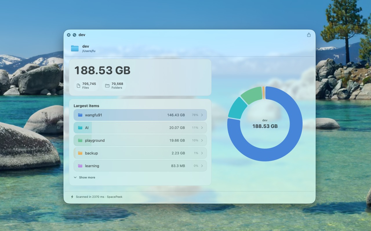 SpacePeek showing a Finder Quick Look folder size preview