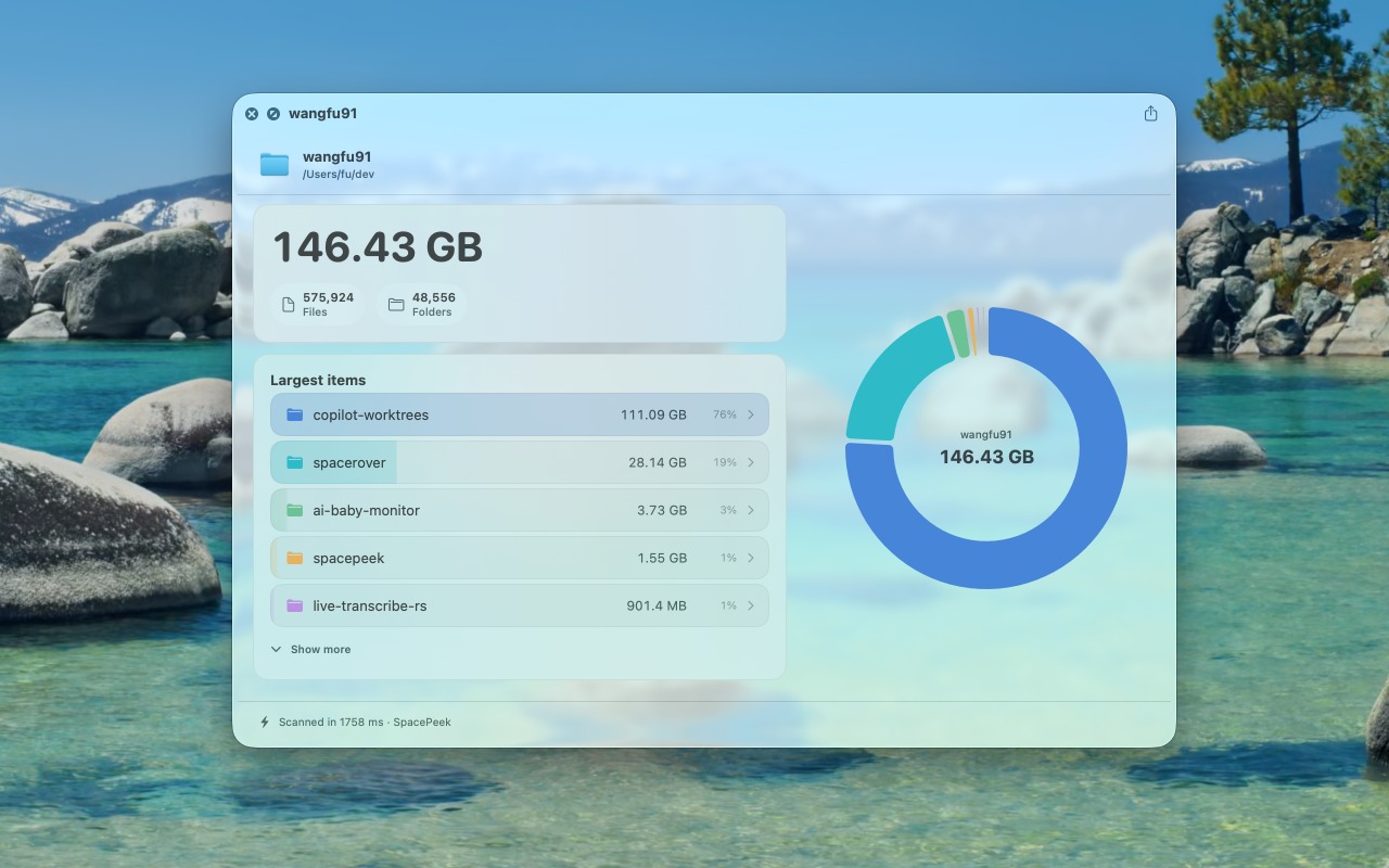 SpacePeek ranking the largest folders inside a selected folder