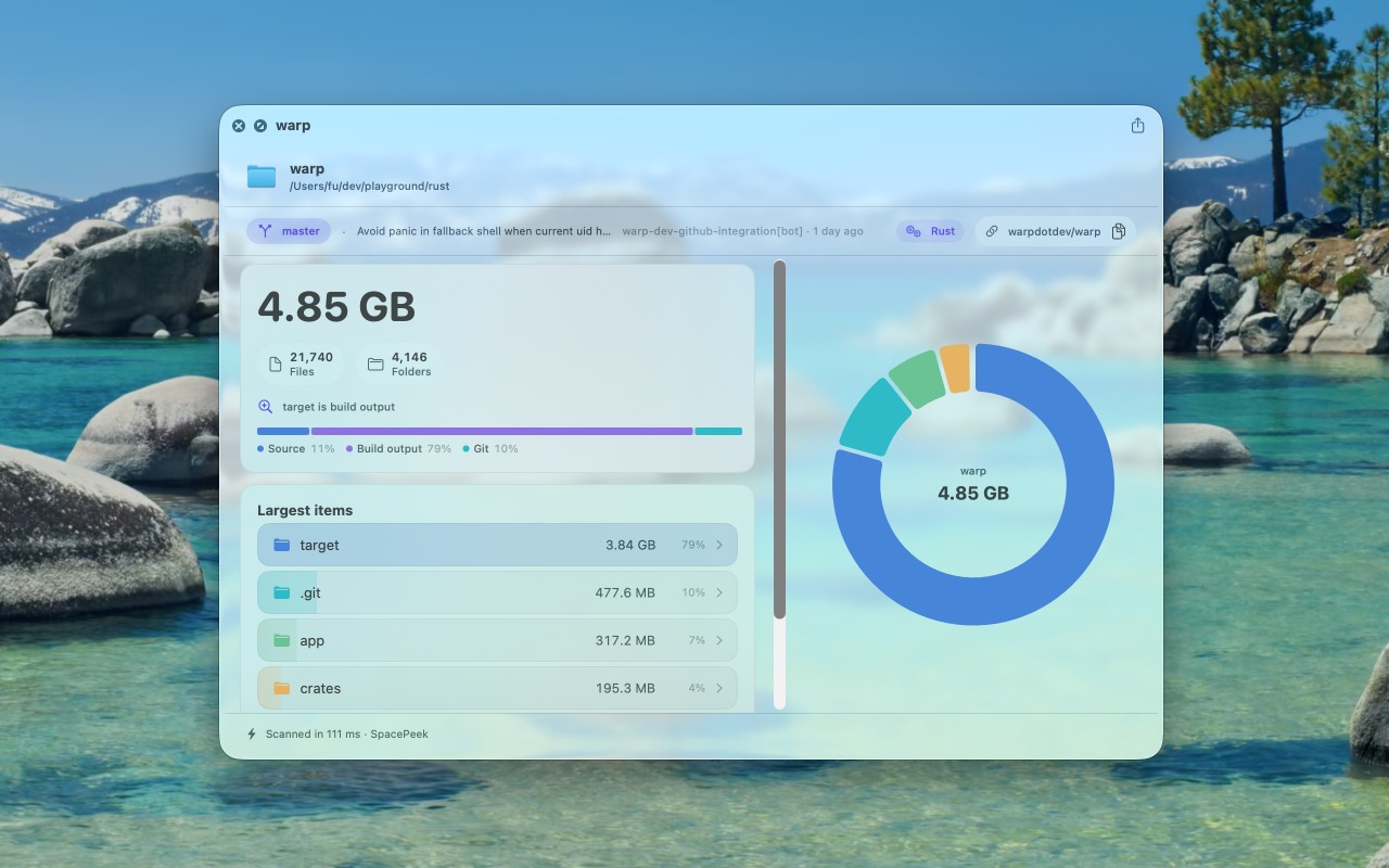 SpacePeek showing Git and build output insights for a developer project