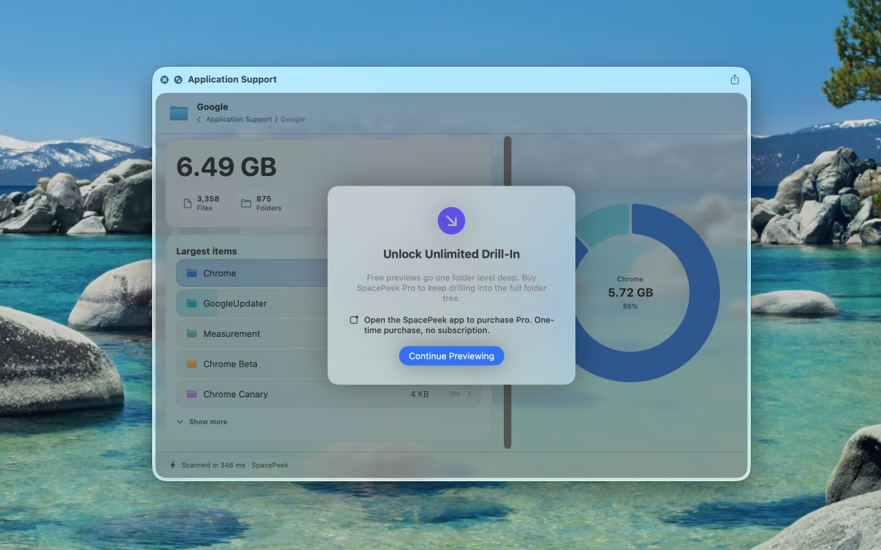 SpacePeek showing the Pro unlock prompt for unlimited folder drill-in