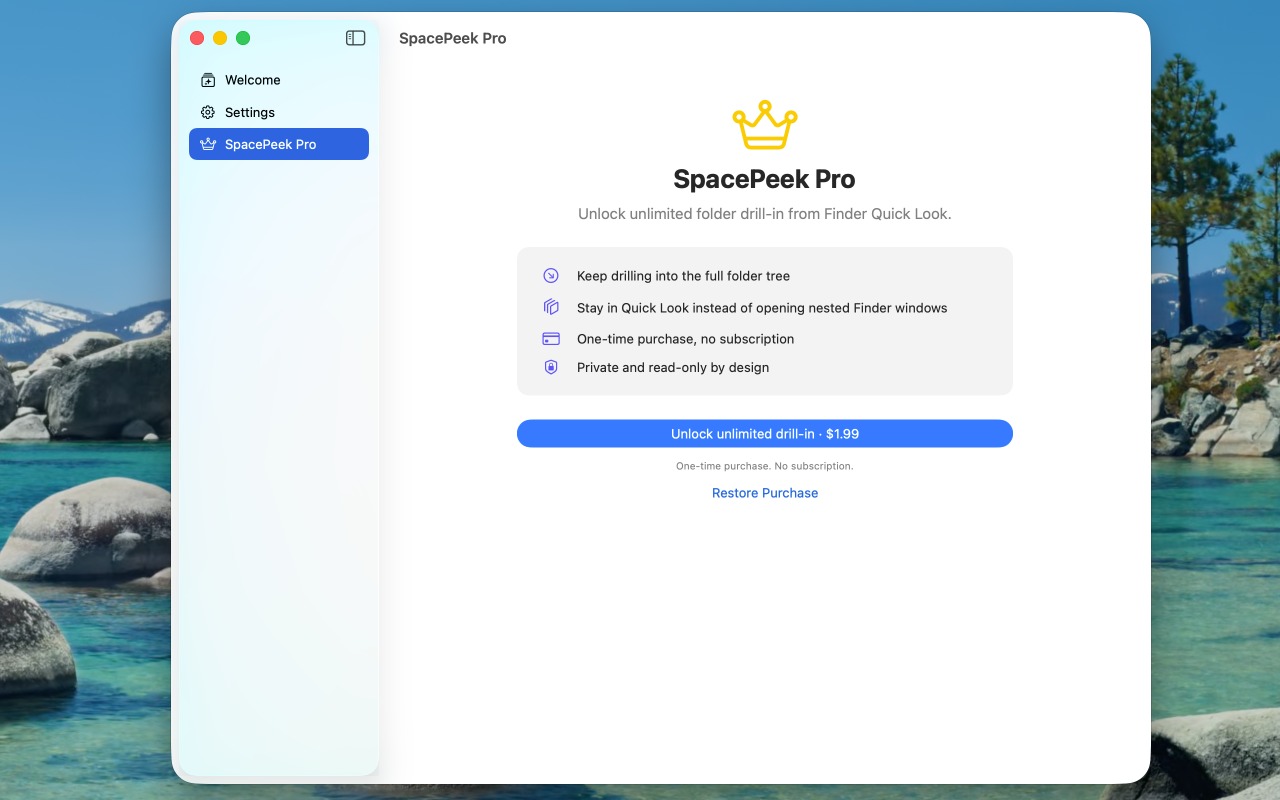 SpacePeek Pro purchase page showing a one-time unlock with no subscription